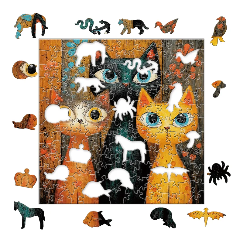 Urocze drewniane puzzle z kotem - zabawna gra na imprezy i relaks