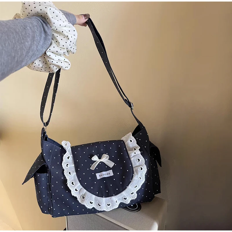 

Korean Style Polka Dot Shoulder Bag Lace Bow Decorative Flip Cover Design Crossbody Bag Sweet Women's School Commuter Square Bag