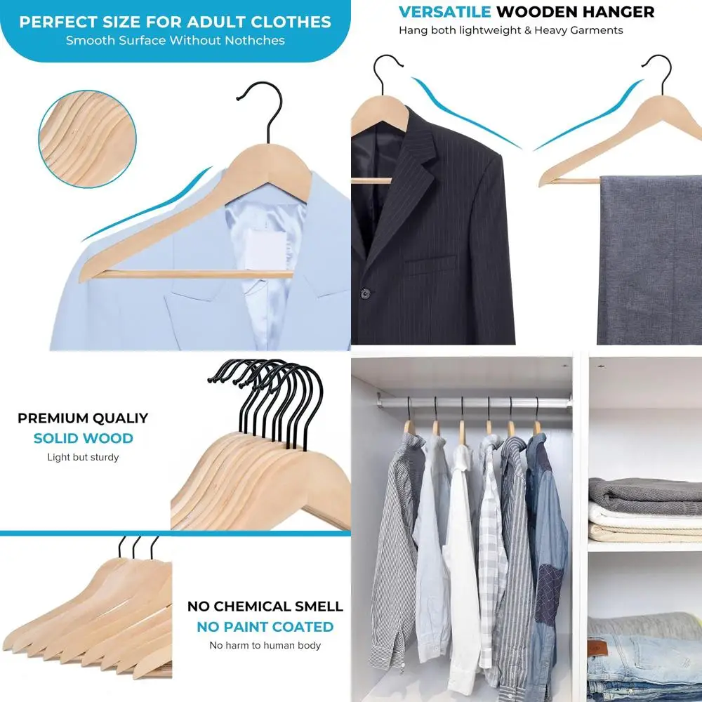 

Набор из 30 премиальных деревянных вешалок для костюмов с нескользящей планкой для брюк — гладкие, без заусенцев, без лака