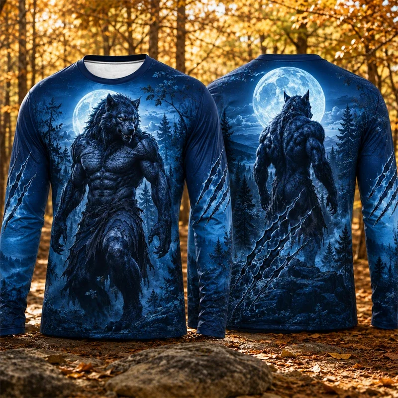 Gothic Halloween Long Sleeve T Shirt Men Monster Werewolf Moon Autumn Forest 3D Print Tee Trace Graphic New Holiday Street Top