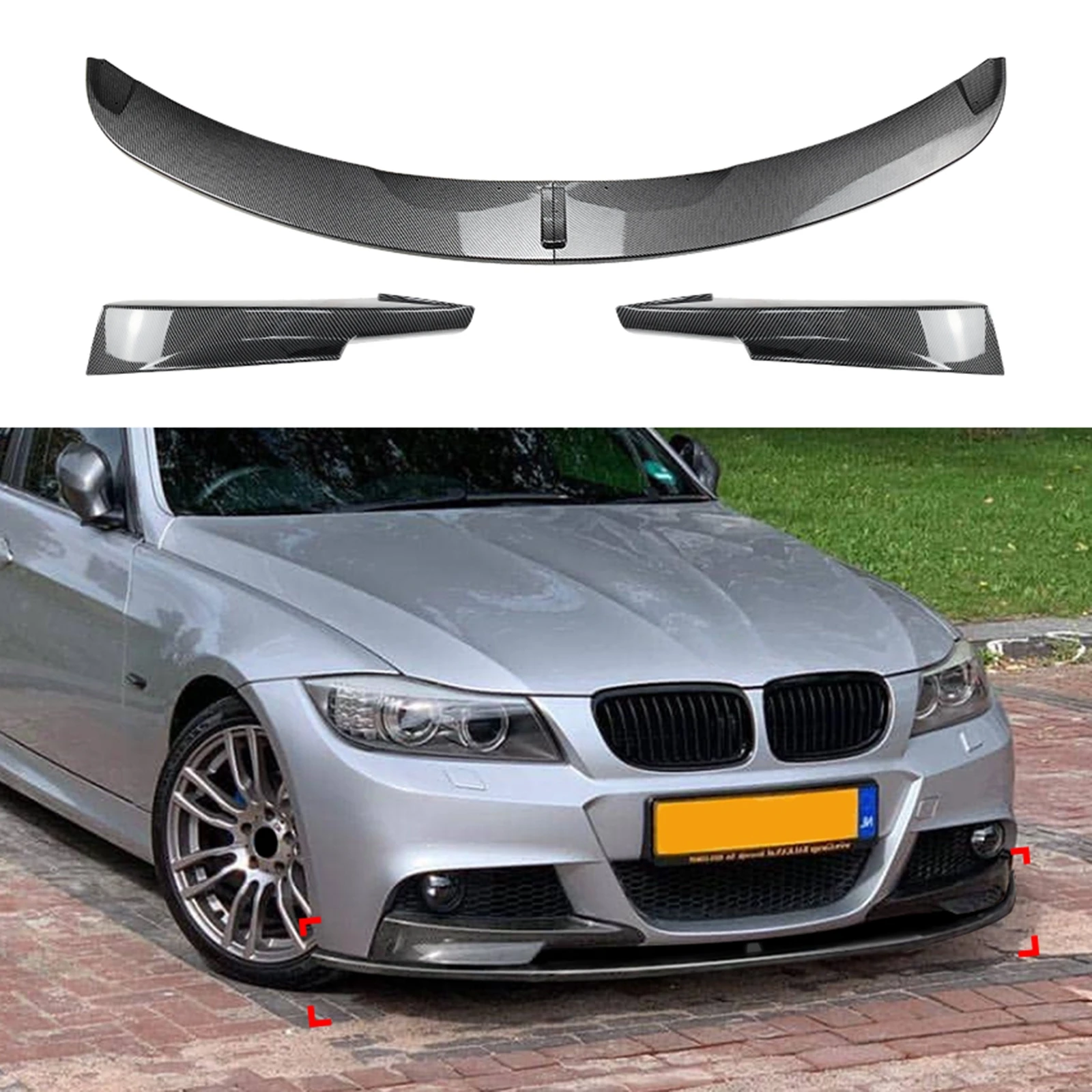 For BMW 3 Series E90 E91 LCI M Sport 323i 325i 328i 335i 2009-2012 Front Lip Bumper Splitter+Side Spoiler Cover ABS Carbon Look