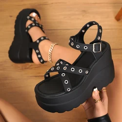 Gothic Women's Sandals Platform Sports Shoes Woman Very High Heel Wedge Clogs Elegant Fashion Designer Black Gladiator Round Toe