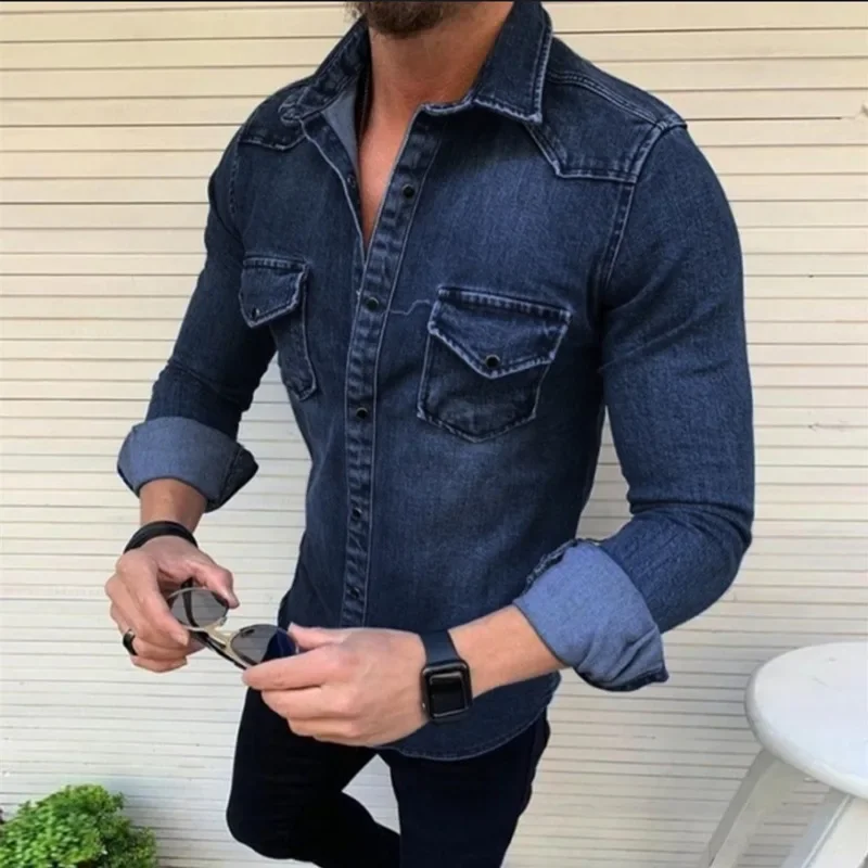 Vintage Solid Color Men Washed Denim Shirt 2024 Autumn Causal Full Sleeve Turn Down Collar Single Breasted Multi Pockets Coat