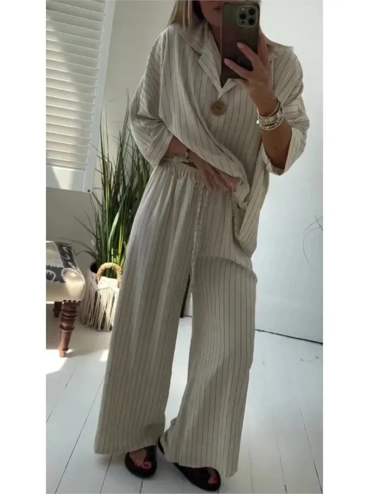 

Classic Striped Printed Trousers Sets Long-sleeved Casual Loose Shirt Women 2-piece Set Autumn Wide-leg Long Pants Suit Female