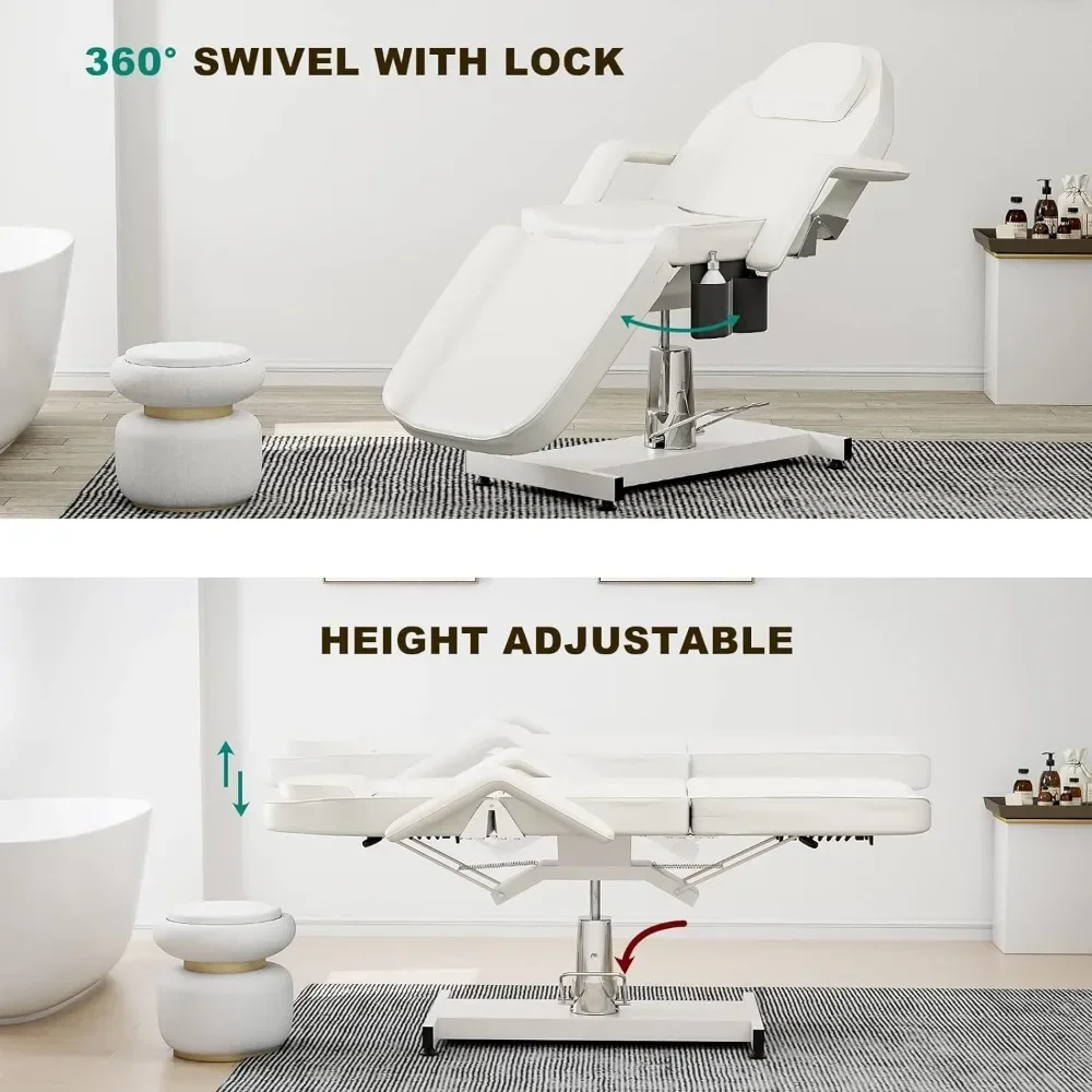 Hydraulic Tattoo Chair 360° Swivel Massage Esthetician Table, Height Adjustable Lash Spa Bed with Storage Pocket, White