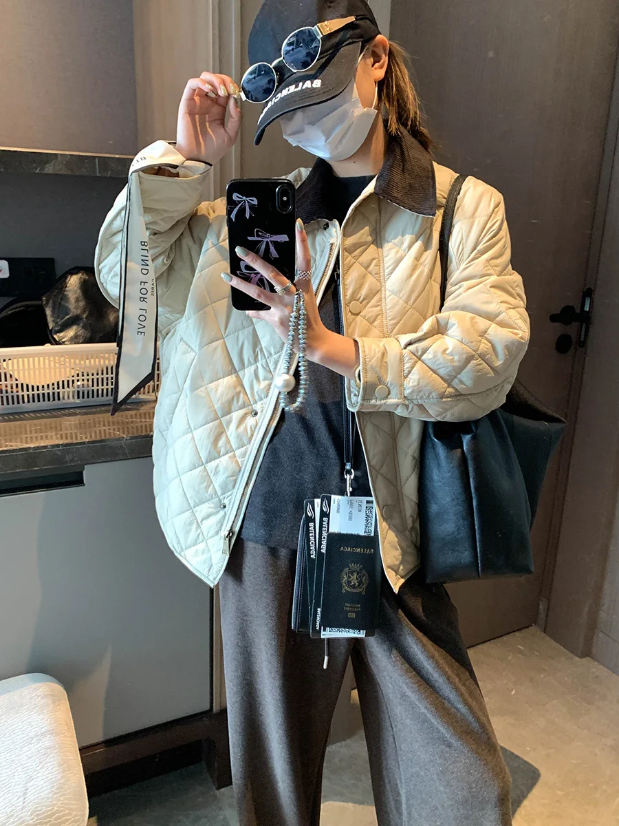 سترة نسائية كاجوال بلون سادة وطية صدر السترة من القطن الفضفاض بغرز شبكية ماسية