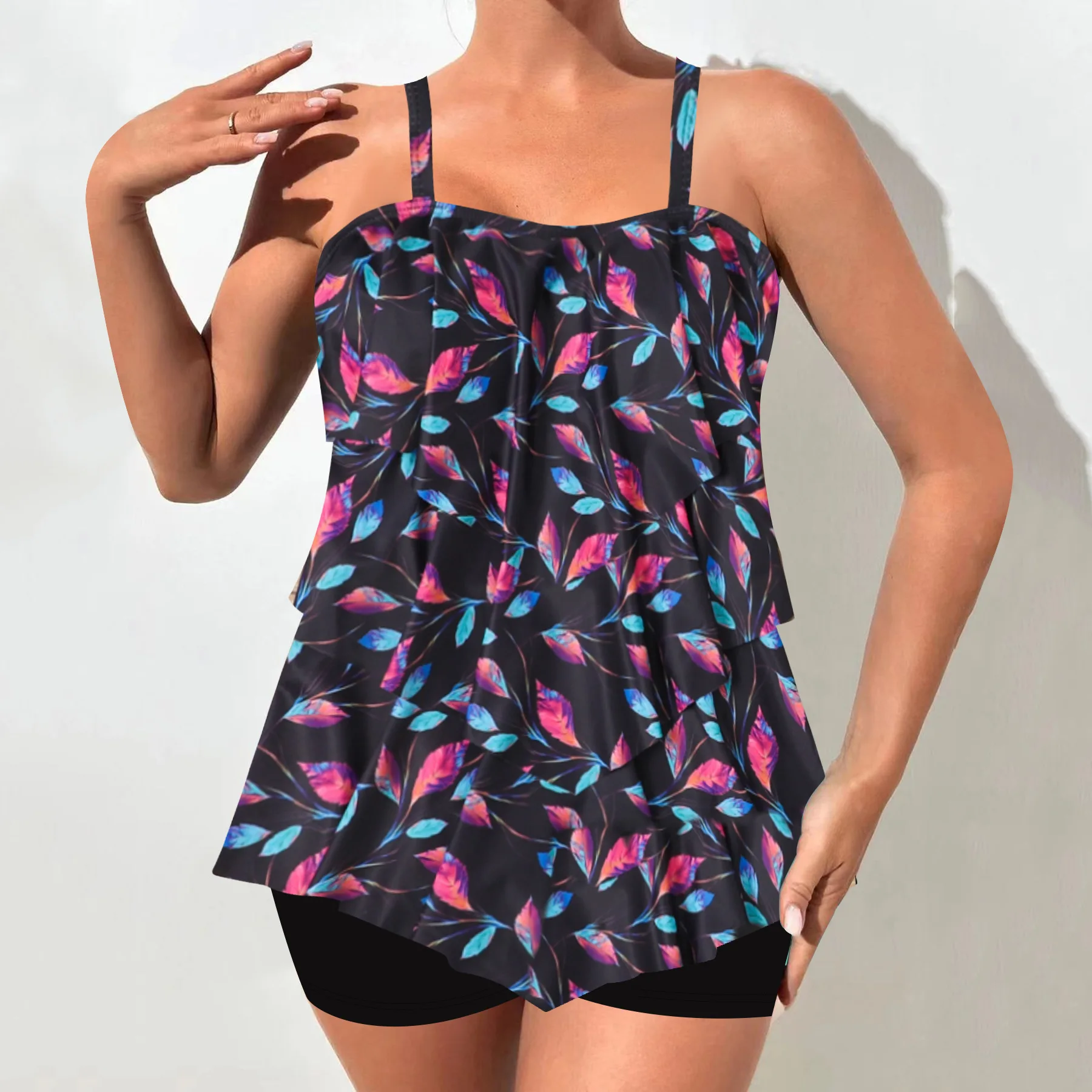 Women Ruffled Leaf Print Tankini Swimsuit Wide Straps Square Neck Flowy Layered Top Boyshort Two Piece Modest Beach Bathing Suit
