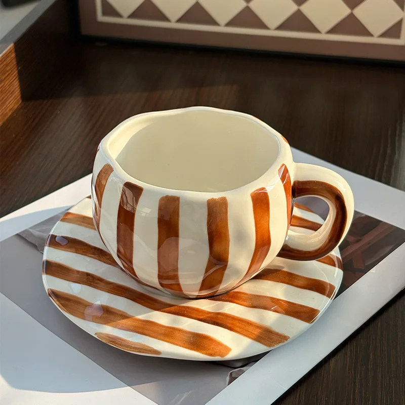 

Coffee Mug Ceramic Brown Striped High Tazas De Cafe Bonitas Cup Plate, Hand Pinched Irregular Vertical Pattern Cups Plate
