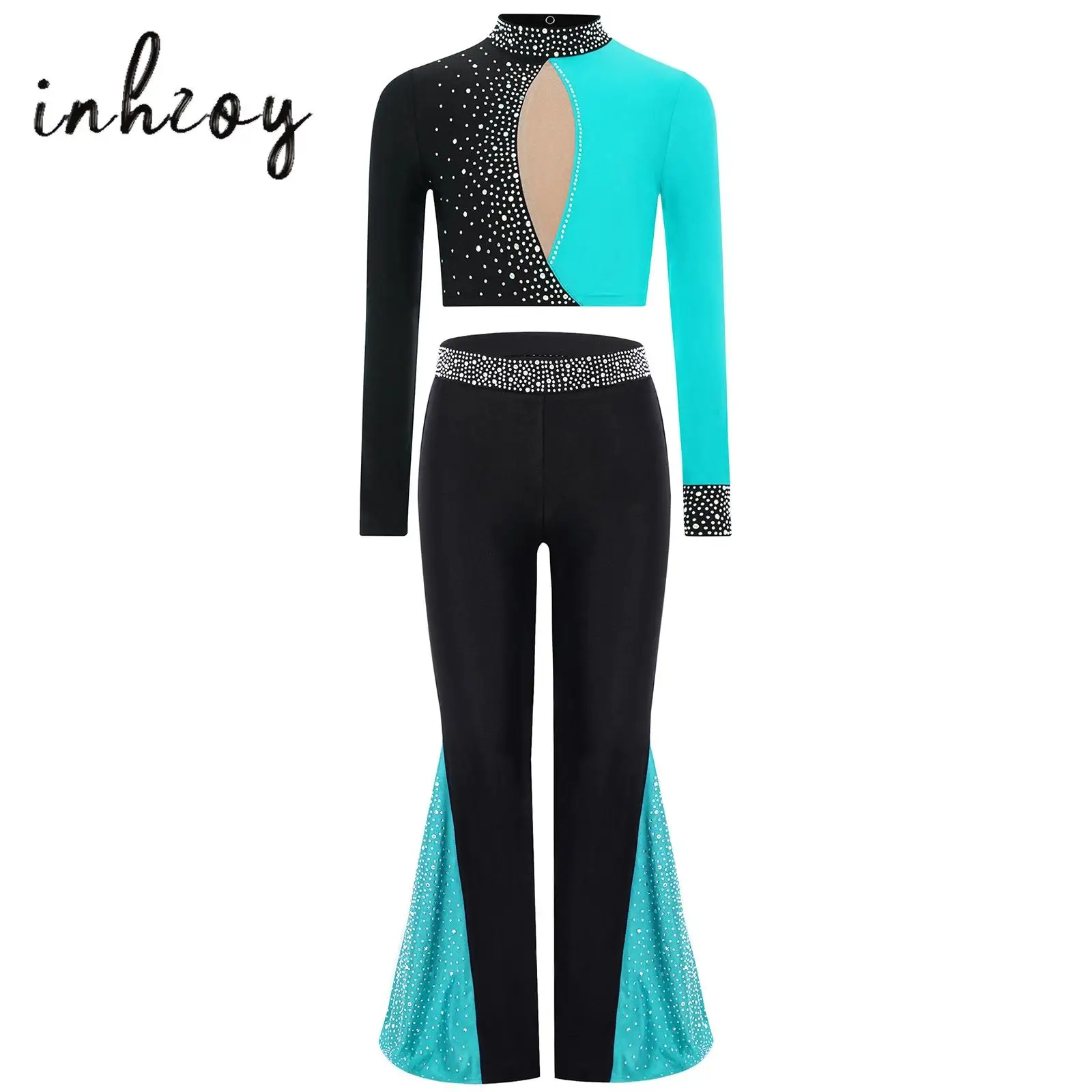 

Kids Girls Gymnastics Figure Skating Dance Costume 2Pcs Lyrical Dancewear Long Sleeve Color Block Crop Top+Bell-Bottomed Pants