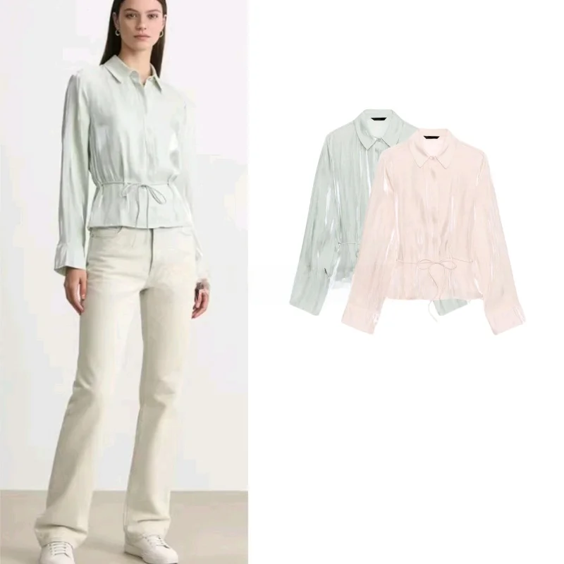 

Spring 2026 Women's Casual Style Long Sleeve Collared Shirt with Belt Polyester Fiber Resistant to Deformation Printed Top