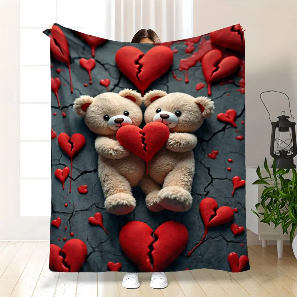 Sweet red heart & teddy bear Flannel printed blanket suitable for all seasons suitable for living room office sofa and travel