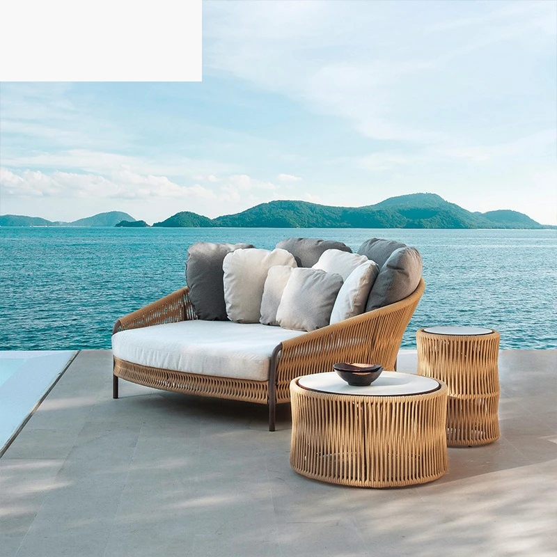 Outdoor leisure sofa combination braided rope waterproof sunscreen villa courtyard bed coffee table double single simple living