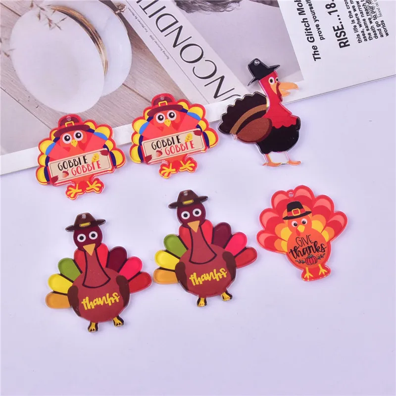 10pcs/pack Thanksgiving Turkey Arcylic Charms for DIY Earring Jewelry Making