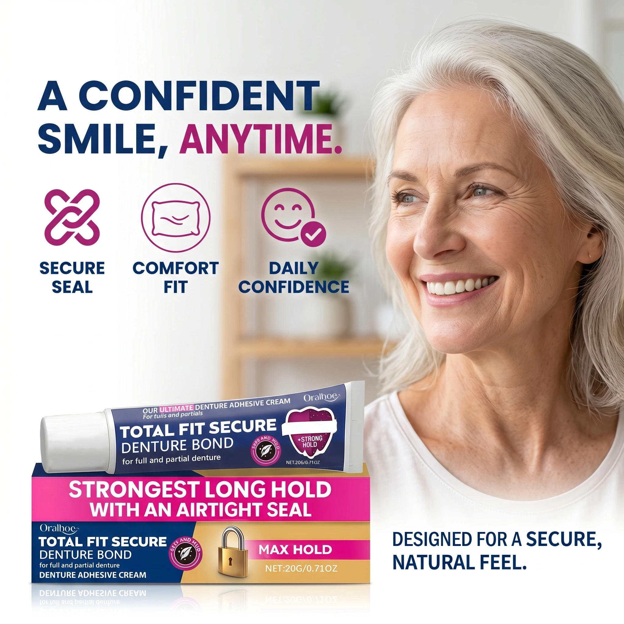 Denture Adhesive Cream for Full & Partial Dentures Long-Lasting Secure Bond Improves Denture Appearance and Comfort