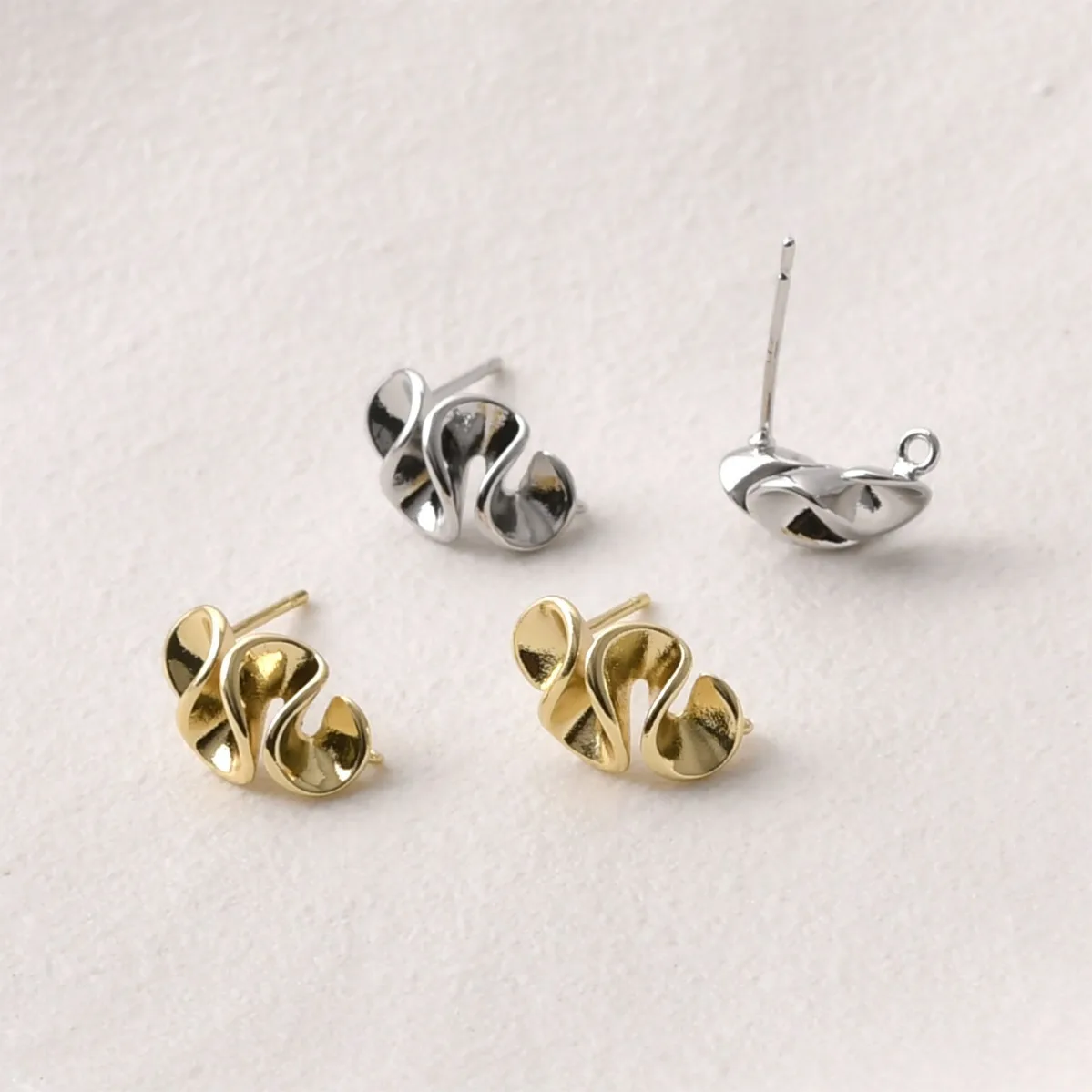 Brass 14K Gold Plated Color Retentive Minimalist Niche Ruffled Ribbon Stud Earring DIY Handmade Earring Jewelry Making Supplies