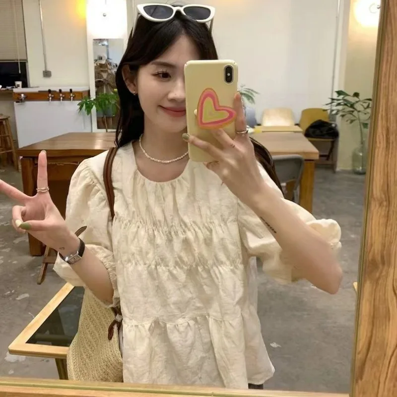 Folds Shirts and Blouses Korea O-neck Fashion Woman Blouse 2024 Puff Short Sleeve Ruffles Ladies Top Female Solid Clothes New