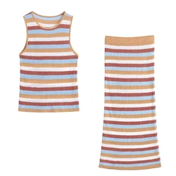 UNIZERA2024 Summer New Women's Fashion Round Neck Sleeveless Knitted Tank Top Slim Fit High Waist Striped Skirt Set