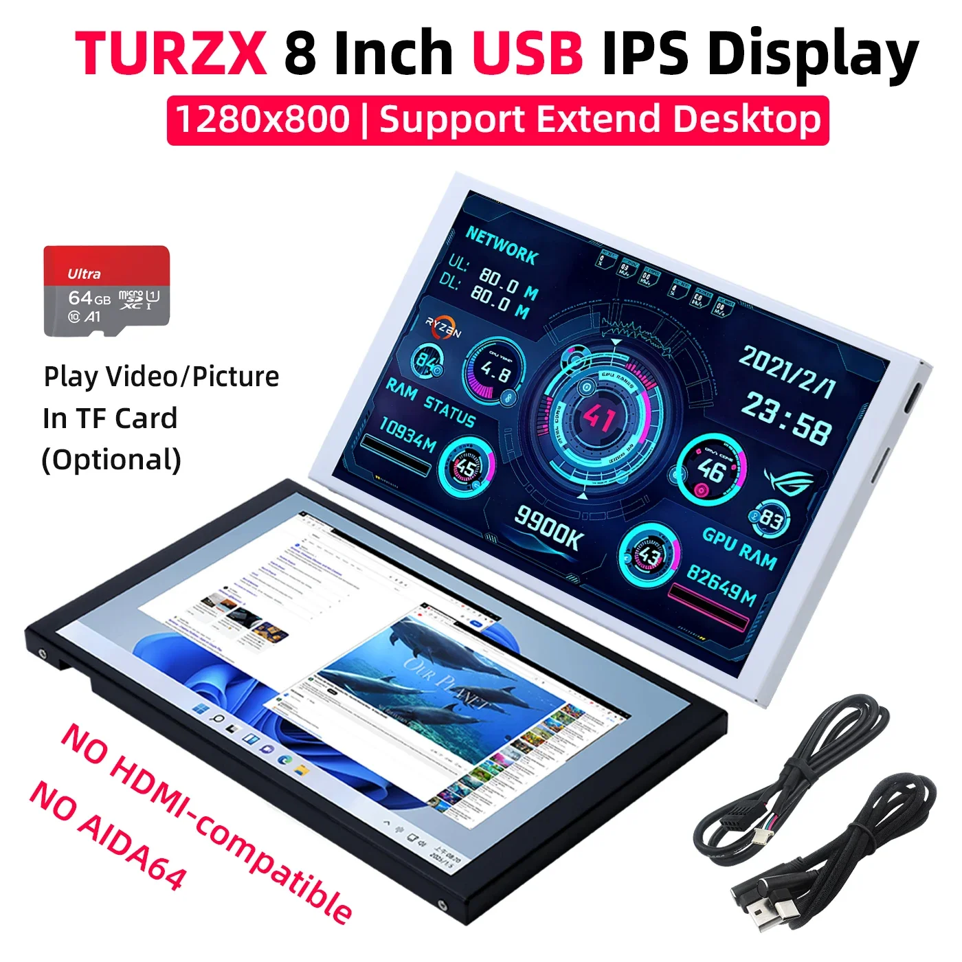 

8-дюймовый USB-экран TURZX 1280x800 IPS LCD для расширенного режима настольного компьютера Автоматическое воспроизведение через TF-карту CPU GPU RAM Монитор Freely AIDA64
