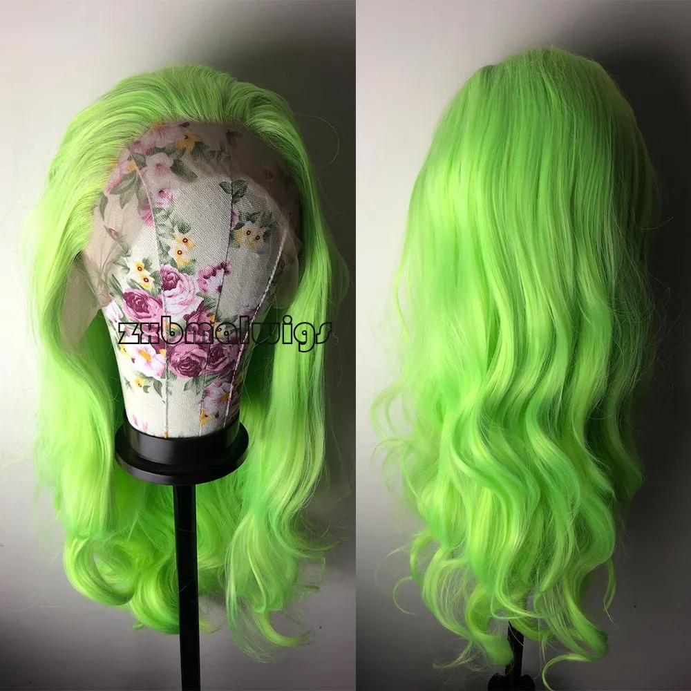 Neon Green Long Body Wave Synthetic Hair Lace Front Wigs Straight Wavy for Women Pre Plucked  Lace Frontal Wig