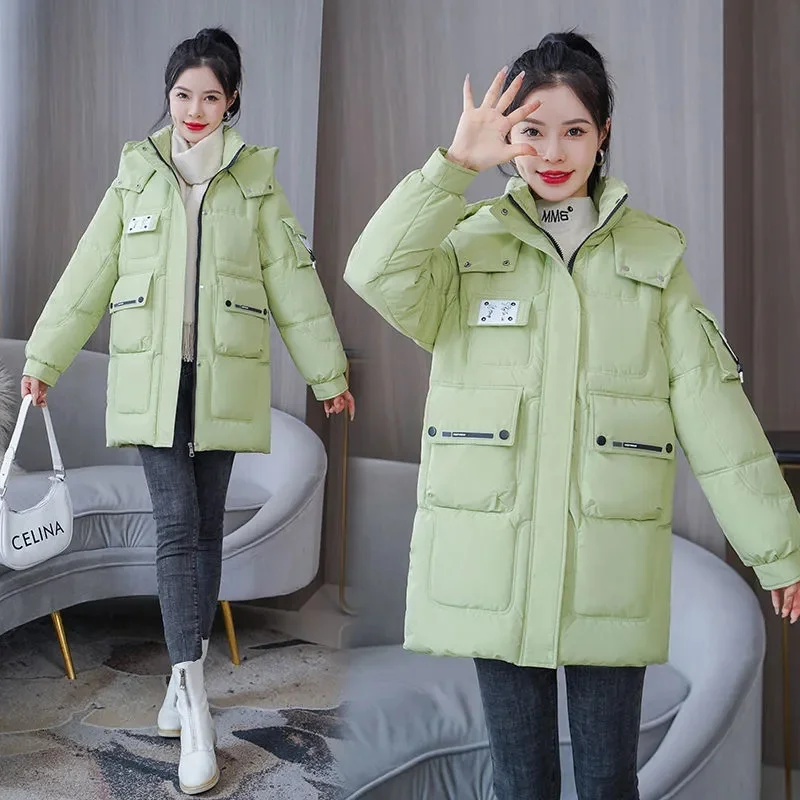 Women 2023 New Winter Long Parkas Loose Thicken Warm Hooded Puffer Coats Casual Down Cotton Jackets Snow Wear Outwear