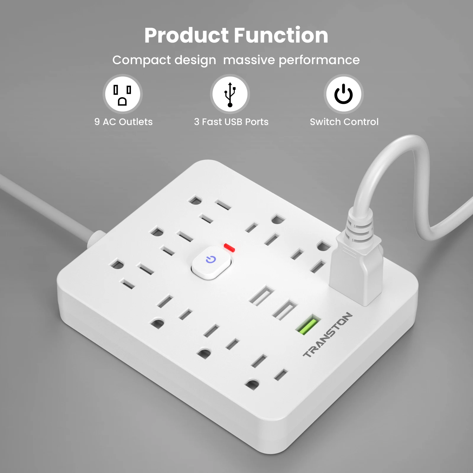 مخرج طاقة TRANSTON مع واقي من زيادة التيار، 9 شرائط طاقة 3 منافذ USB، سلك تمديد بطول 10 أقدام، شحن سريع، للمنزل والمكتب
