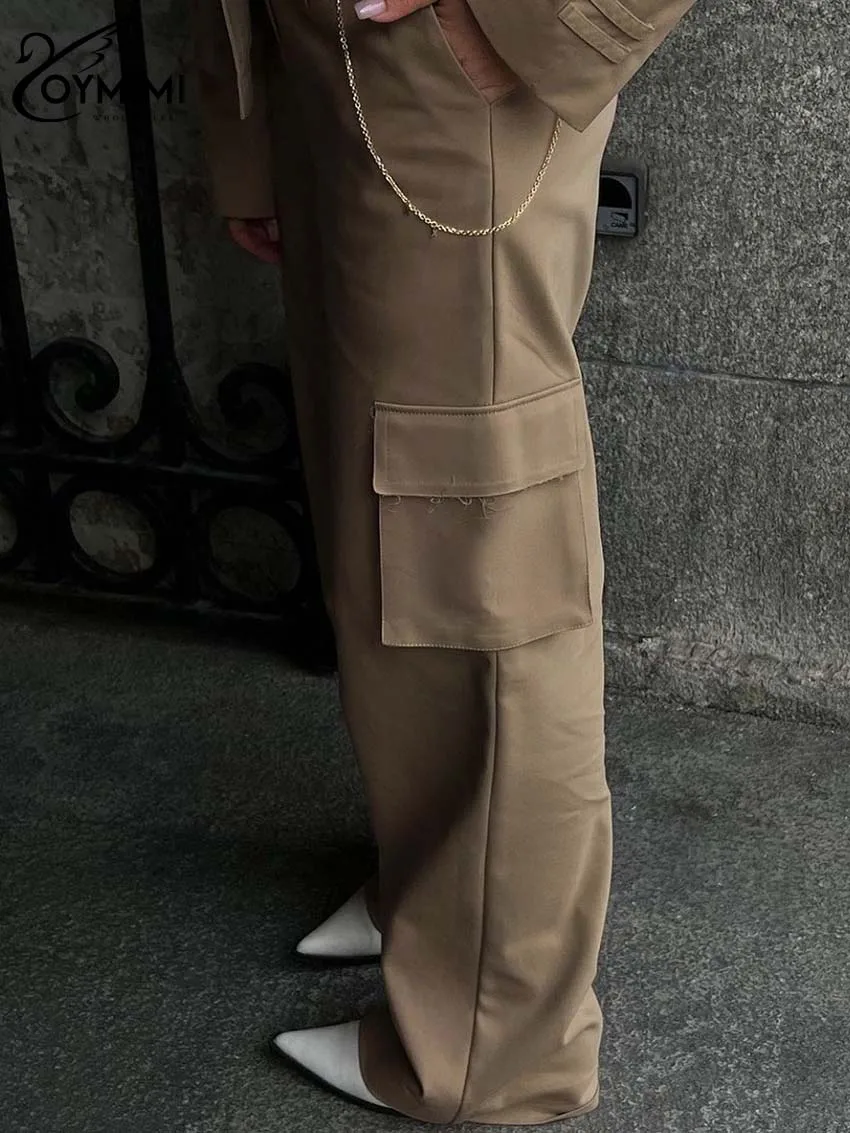 Oymimi Elegant Khaki 2 Piece Sets Women Outfit Fashion Long Sleeve Button Shirt And High Waist Pockets Sweatpants Set Streetwear
