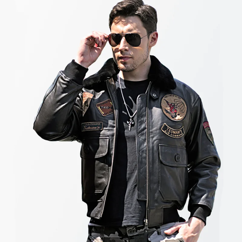 

Black Winter Men's G1 Pilot Jacket Military Style Europe Size Natural Thick Cowhide Warm Aviation Genuine Leather Coats