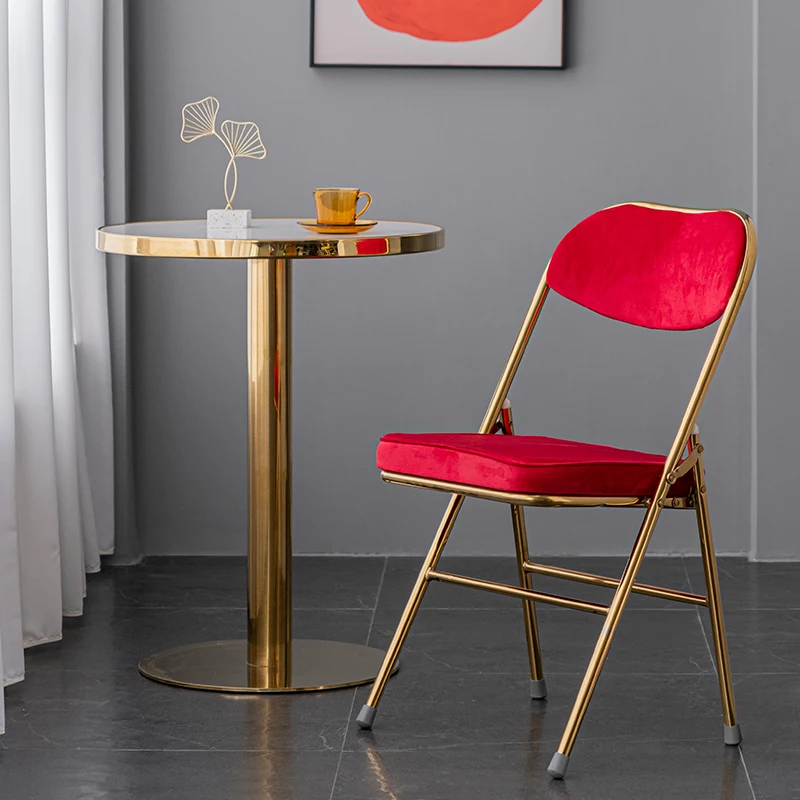 Bedroom Fold Makeup Chair,Metal Plating Velvet Furniture Stool,Home Living Room Backrest Folding Dining Chairs Customized