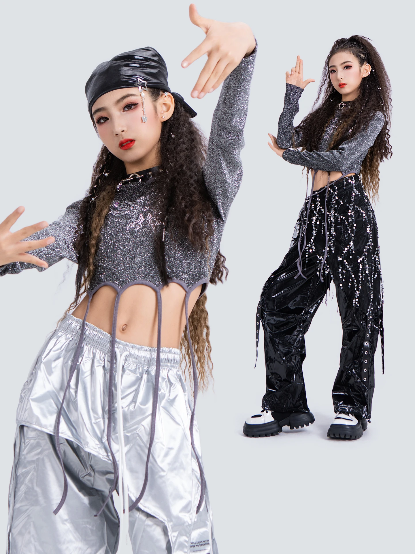 

2025 детская одежда для современного джазового танца Rave для девочек, групповые толстовки с капюшоном, топы, кожаные штаны, уличная одежда, танцевальный костюм в стиле хип-хоп DQS21650