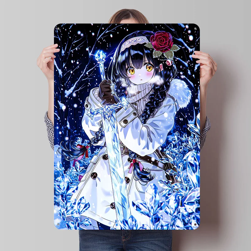 

Металлический постер «Аниме-девушка с ледяным мечом в снегу», настенное искусство, ретро-винтажные жестяные таблички для декора мужской комнаты или спальни