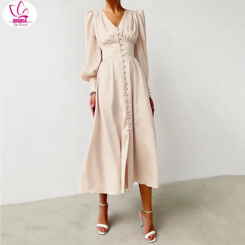 SUSOLA Beige Single Breasted Sexy Dress Party Clud High Waist Satin Long Dress Elegant V Neck Women Midi Dresses Lantern Sleeve