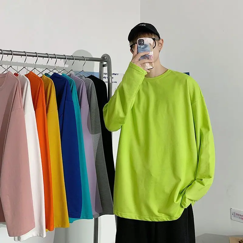 100% Cotton Long Sleeve T-Shirt Men's Hong Kong Style Trendy Student Loose Fit Versatile Top Base Layer Tee