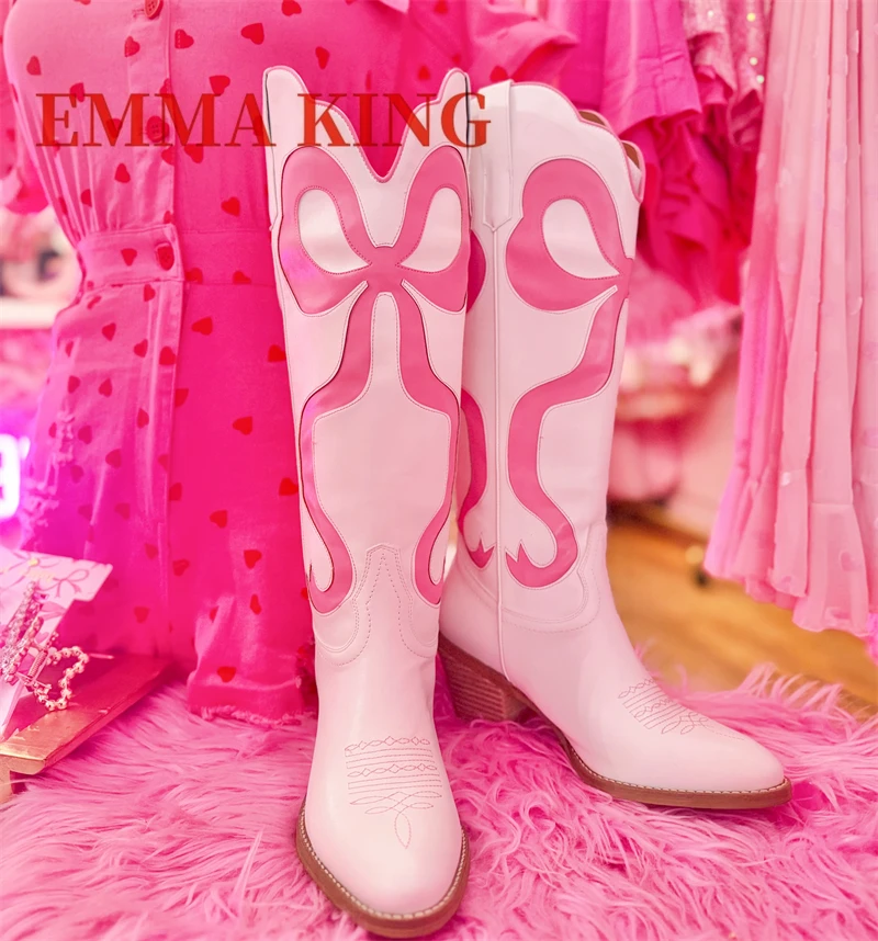 الوردي القوس الأحذية الغربية النساء منتصف الارتفاع كعب الركبة عالية التمهيد السيدات الشتاء أشار تو سحب على الأحذية السيدات أحذية أنيقة كبيرة 44