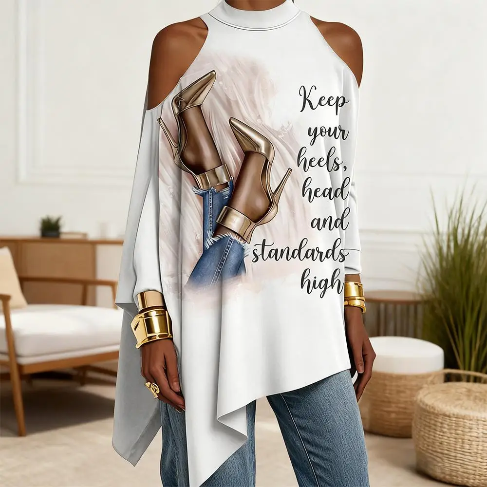 

European And American Style Printed Off-shoulder Tops Fashionable Irregular Hem Loose Long Sleeves Women's Street Vacation Wear