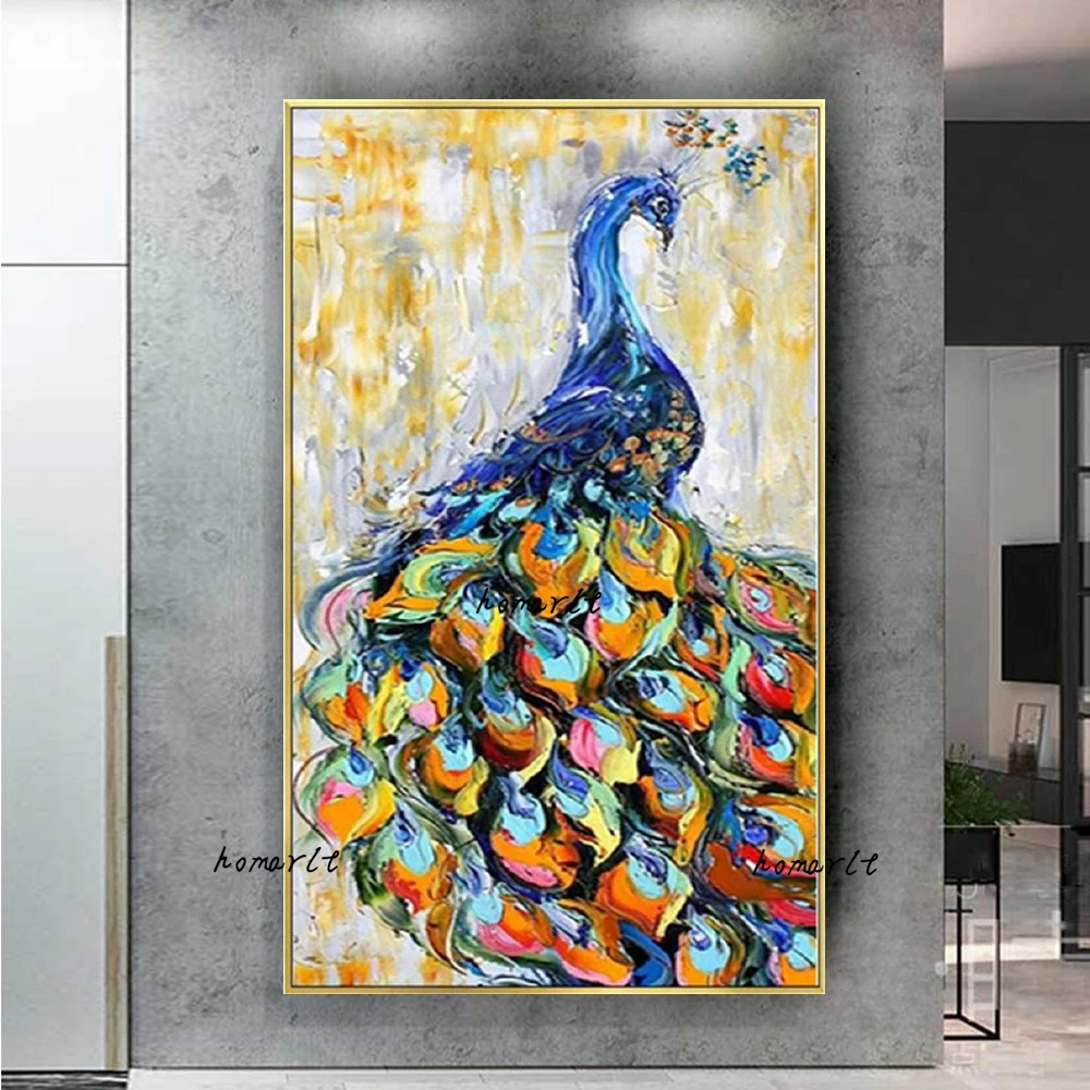 

Large 100% Handmade Blue Peacock Canvas Wall Art Modern Oil Painting On Cnavas Bird Artwork Home Hotel Office Decorations