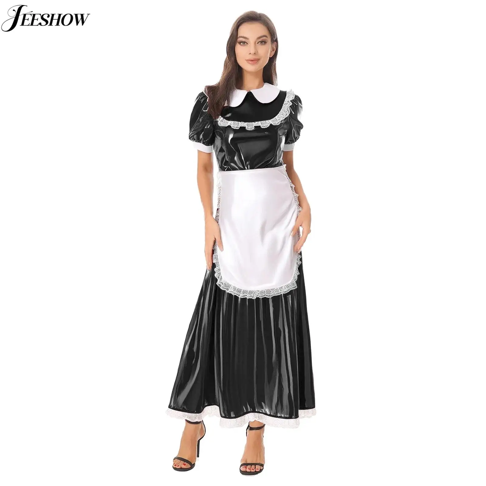 

Womens French Maid Uniform Costume Wet Look PU Leather Lace Trim Short Sleeve Long Dress with Apron Waitress Cosplay Outfits