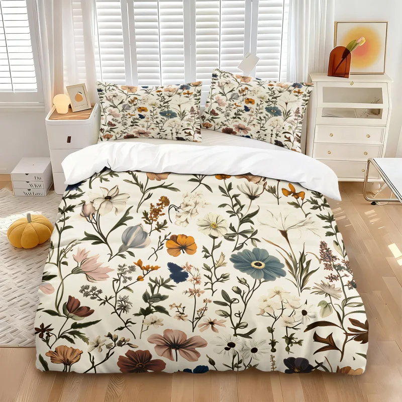 Vintage Wildflower Duvet Cover Set Neutral Botanical Floral Bedding Comforter Boho Farmhouse Bedroom Decor Twin Full Queen King