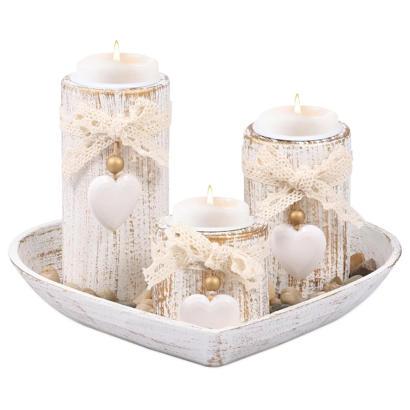 Farmhouse Candle Holders Rustic Wood Tealight Set, 3 Pack with Heart Tray and Stones, Romantic Table Centerpiece Wedding Display