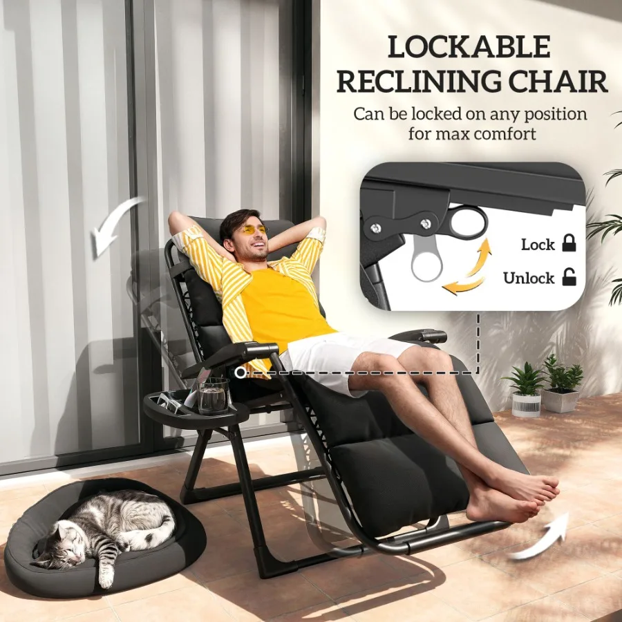 Zero Gravity Lounge-Stuhl-Set, 2-teilig, verstellbare, klappbare Outdoor-Lounge-Stühle mit Kissenauflage, Seitentablett, Schwarz