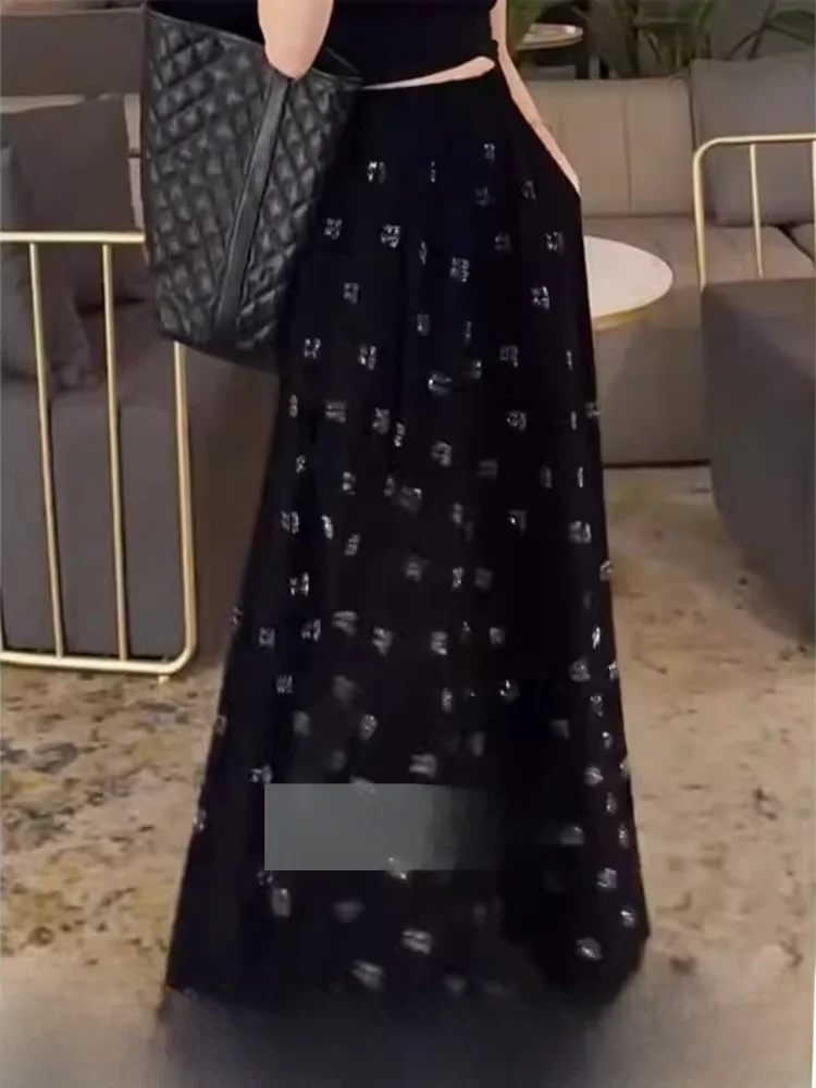 Black Casual Floral Long Skirt Floor-Length Cut-Label High Waist Summer Design Half Skirt Korean Style A-Line Midi Skirt