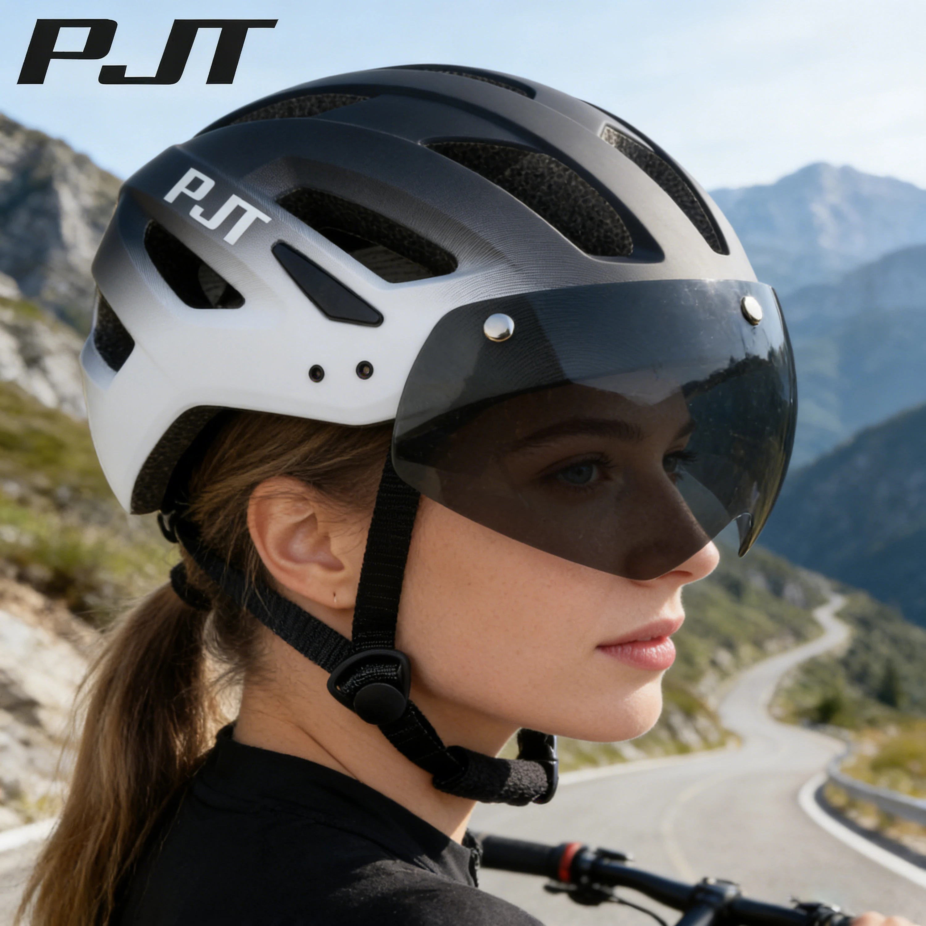 PJT Neuer Fahrradhelm mit Licht für Straße und MTB, Mountainbike-Brille / Sonnenschutz-Helm L für Männer und Frauen, Fahrradhelm mit Sonnenschutz – Detail 12