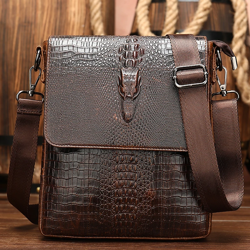 WESTAL Men\'s Shoulder Bag for Men Genuine Leather Crocodile Pattern Vintage Crossbody Bag for Men Flap Zipper Messenger Bag 8857