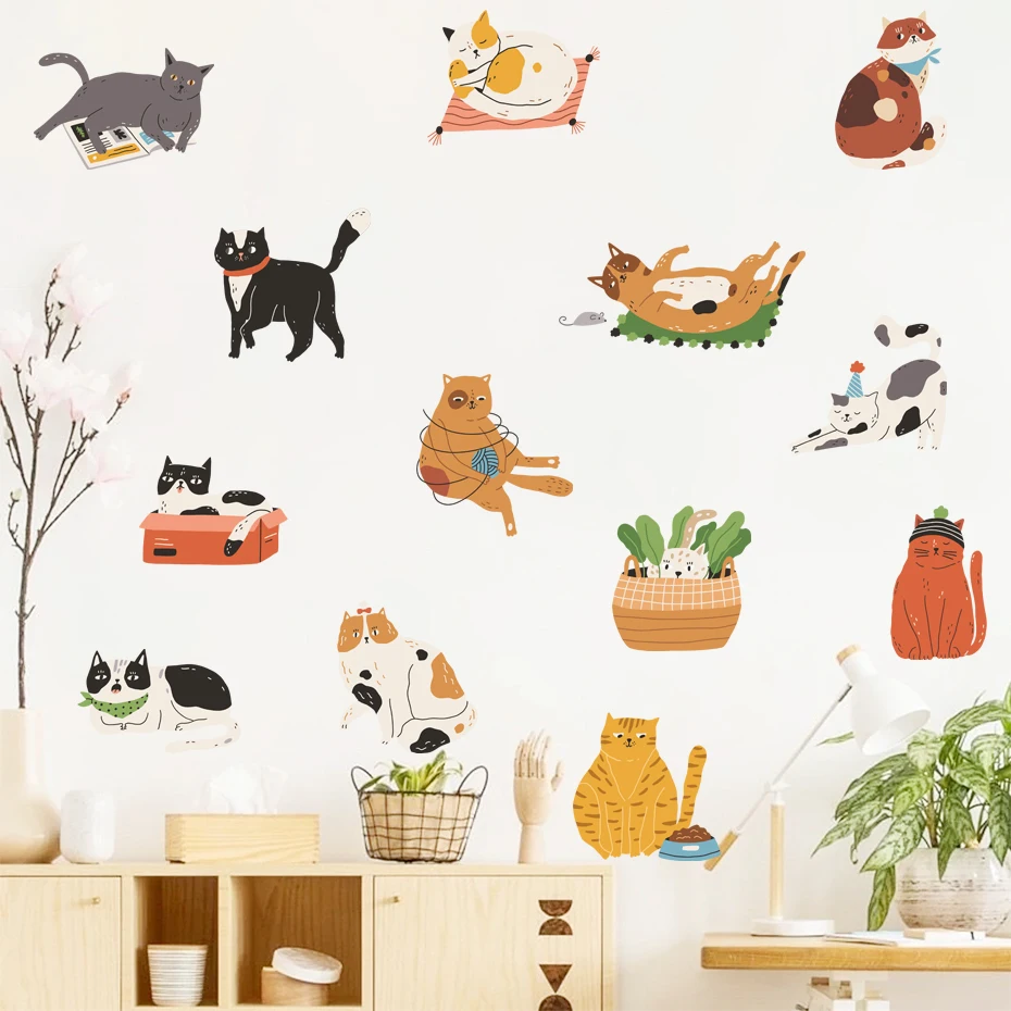 Caroon Cute Playing Ball Cats Animals Watercolor Vinyl Nursery Stickers Wall Decals Print Kids Girls Room Interior Home Decor