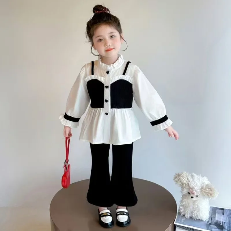 

New Kids Fake Two Piece Shirt Flare Pants Outfit Spring Autumn Girls Lace Blouse Korean Fashion Trendy Set 90-140cm