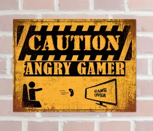 CAUTION ANGRY GAMES Retro Metal Sign Man Cave Bar Pub Plaque Party Vintage Gift