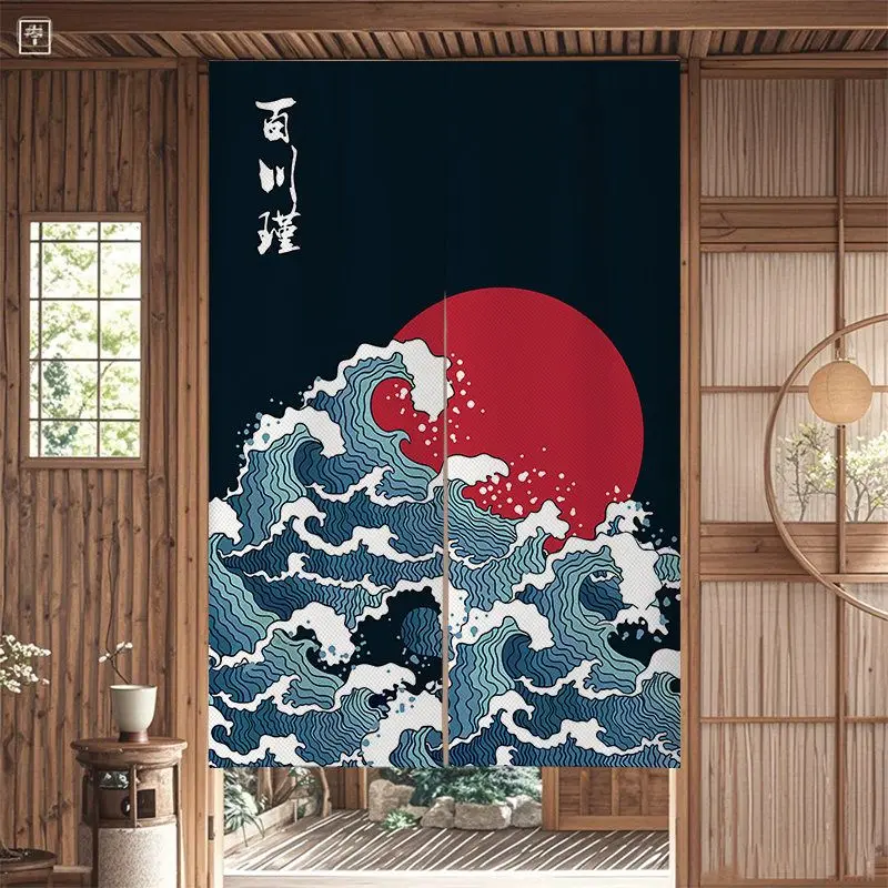 Japanese Style Ukiyo-e Wave Curtain Kanagawa Surfing And Wind Half Curtain Non Perforated Hanging Curtain Door Curtain