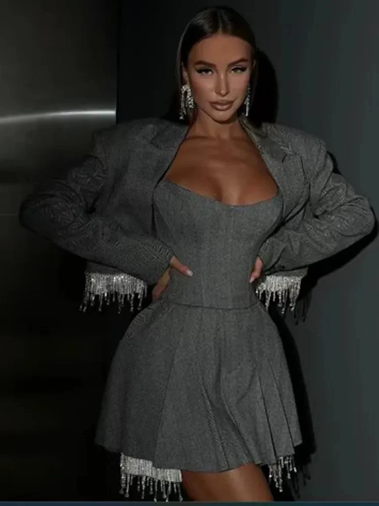 2024 Women Celebrity Sexy Long Sleeve Diamonds Crystal Gray Mini Coat Dress Set Elegant Evening Club Party Outfits