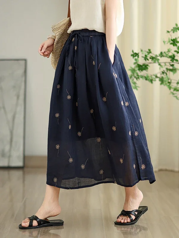 Artistic Floral Print A Line Midi Skirt High Waist Slimming Loose Double Layer Plus Size Women Casual Commute Style