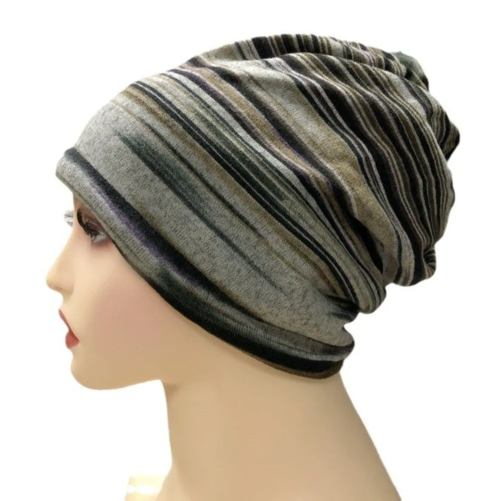 Contrasting Colors Pullover Hat Stripe Print Scarf Pullover Hat Casual Hedging Cap Multifunctional Keep Warm Women's Pile Hat