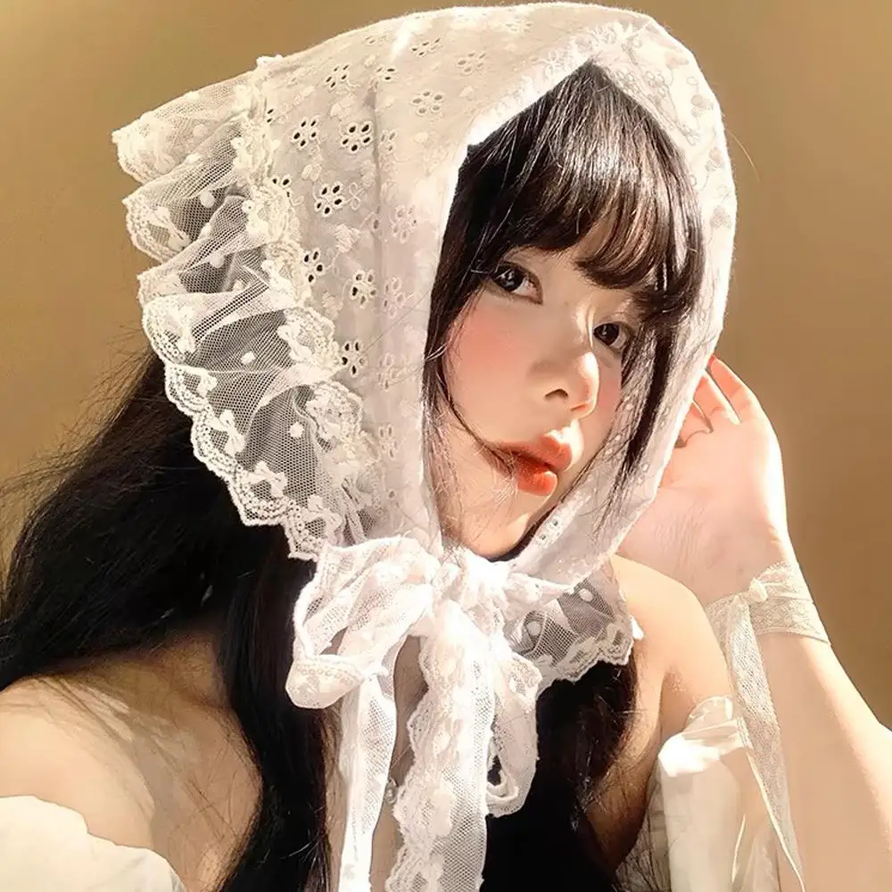 Y2K ذات الاستخدام المزدوج الدانتيل تقليم الشعر وشاح الدانتيل مكدسة الحجاب المطرزة الأزهار وشاح للرقبة عصابات للنساء الفتيات الدانتيل منديل #2